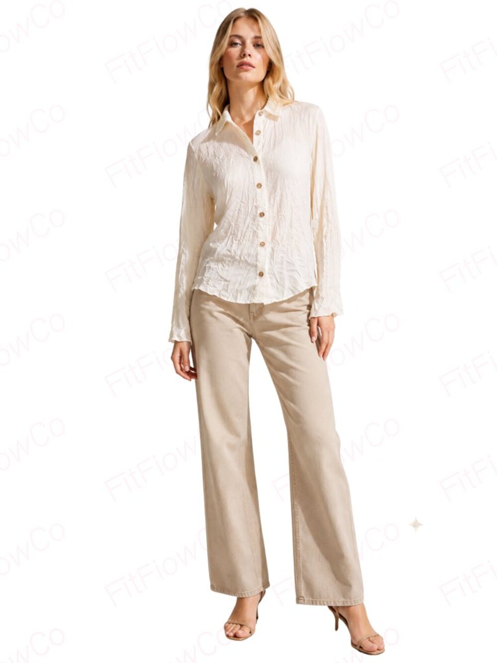 ZARA Ecru Crinkle Effect Gold Button Blouse Women XS NWT